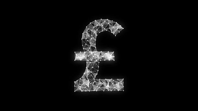 无数的点聚集在一起创建一个英镑货币符号，低多边形的网络。视频下载