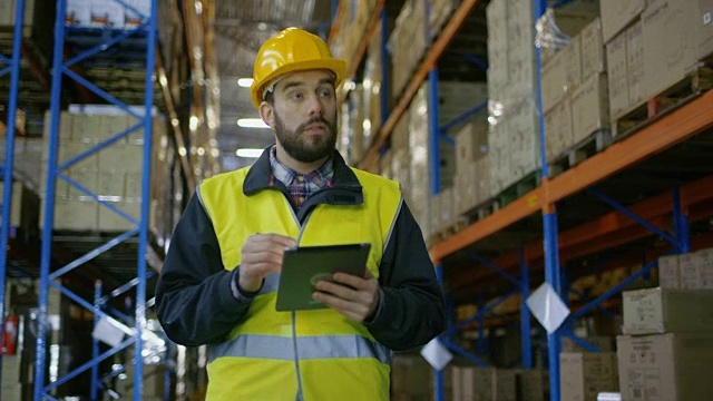 带安全帽的测量员手持平板电脑清点仓库内的商品。他走过一排排的货架托盘视频下载