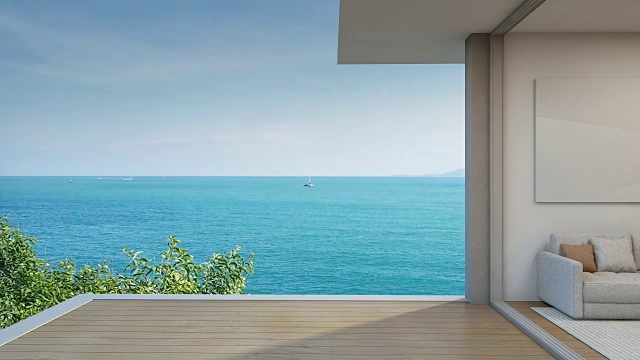 海景客厅在现代海滩别墅，露台的豪华酒店视频素材