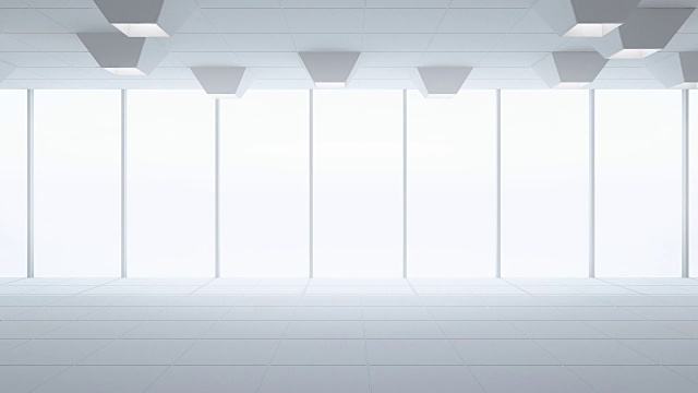 瓷砖地板和窗户在空的展厅，现代室内设计的新办公室，白色背景循环视频下载