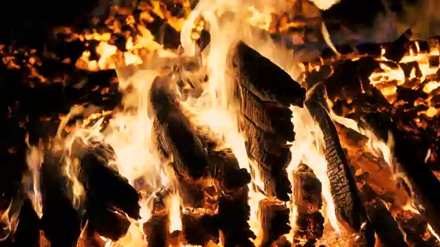 近距离的火和火焰的篝火燃烧在夜晚视频素材