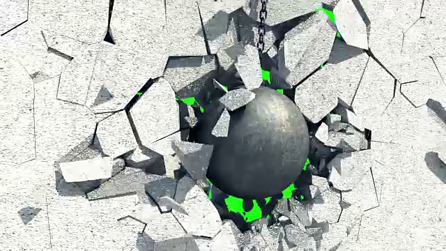 金属破碎球粉碎白墙。绿色的屏幕。视频素材