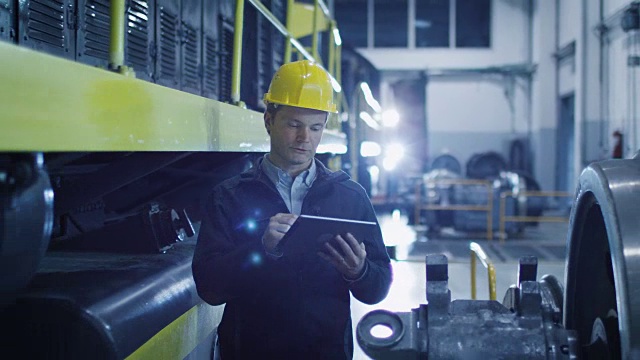 安全帽技术人员在工业环境中使用平板电脑。视频素材