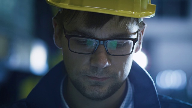 眼镜和安全帽技师在工业环境中使用平板电脑。屏幕眼镜的反光视频素材
