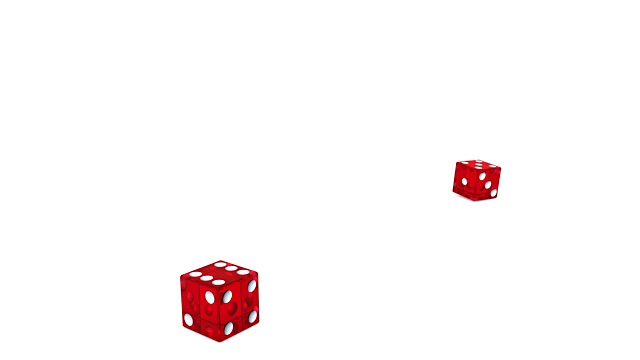 3d动画:两个滚动的透明红色骰子落在白色背景孤立。把骰子扔在桌上。多维数据集。α哑光通道。视频素材