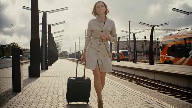 一个女人带着行李在火车站行走视频素材