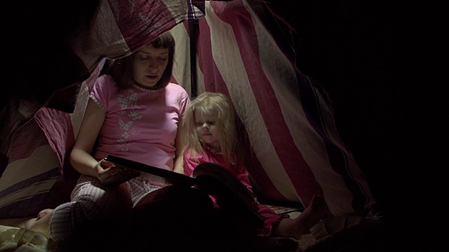 妈妈和女儿晚上在帐篷里用手电筒看书。视频素材