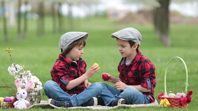 两个孩子，男孩兄弟，在公园里玩复活节彩蛋，美丽的春天盛开的花园视频下载