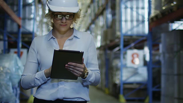 戴安全帽的女经理在物流仓库行走。手持平板电脑。视频素材