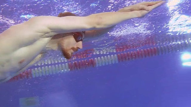 水下视野到专业游泳运动员游泳爬泳在池中，到达墙壁和做翻转视频下载