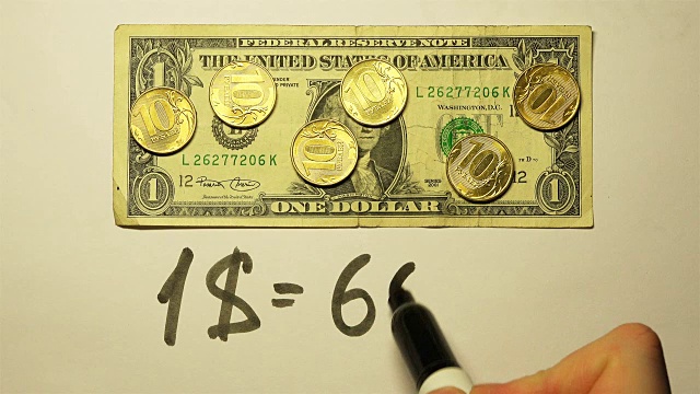 6枚金币的面值为10卢布兑1美元，货币符号在白色背景上视频素材