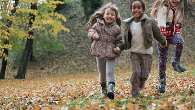 三个快乐的女孩手牵着手，一起在秋天的一天在森林里玩。缓慢的运动。视频素材