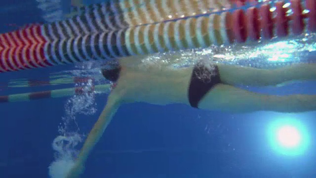 水下视野以专业游泳运动员在泳池中快速爬泳划水。视频下载