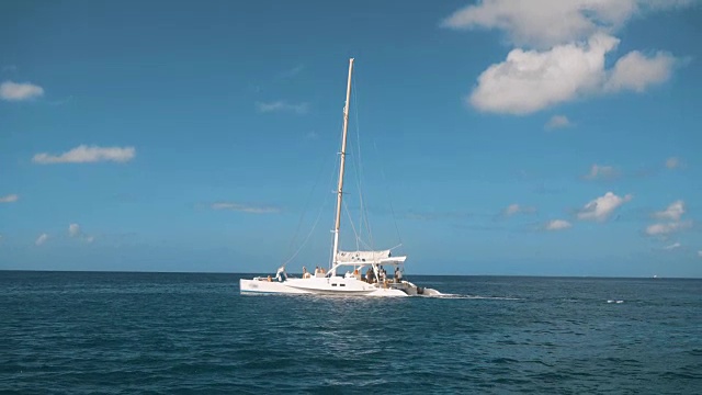 一艘双体帆船在美丽的加勒比海上的地平线上视频下载