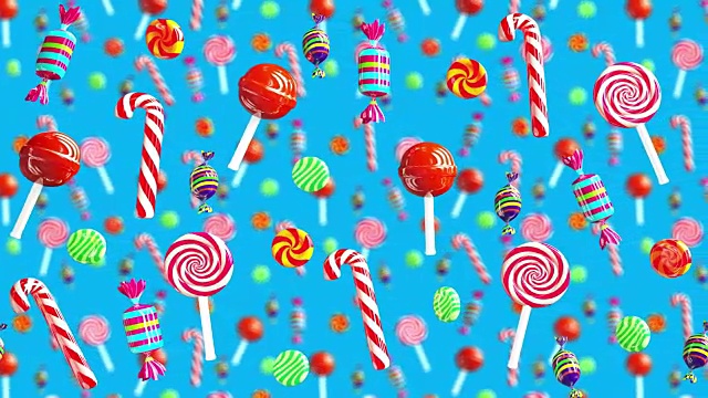 明亮的魅力，甜多汁的糖果，棒棒糖，朱帕糖，焦糖太妃糖，从右到左移动。高质量的背景。在蓝色的糖果。视频素材