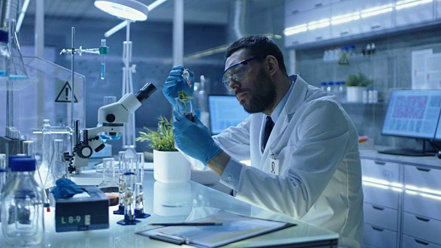 在现代实验室研究中，科学家用有机材料进行实验。他用吸管把肥料滴进装有植物的试管中。视频素材