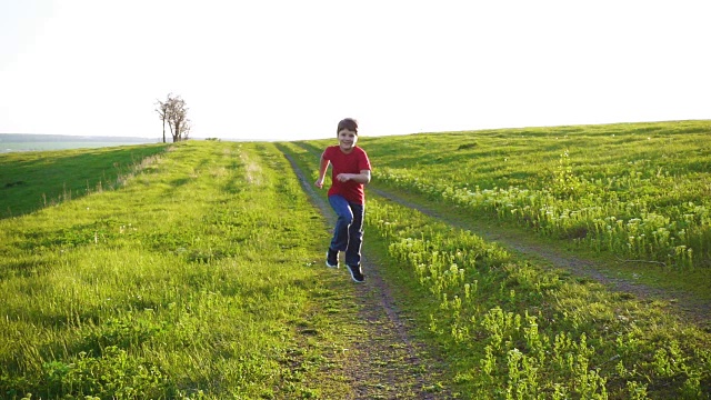 快乐的男孩奔跑在乡村的道路在绿色的草地上视频素材