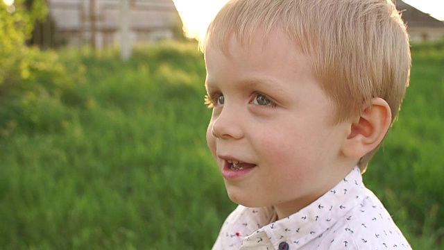 快乐的小男孩的肖像在草地的背景。视频素材