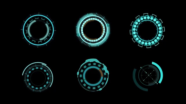 收集HUD抬头显示蓝色圆圈元素的技术和未来概念在黑暗背景视频下载