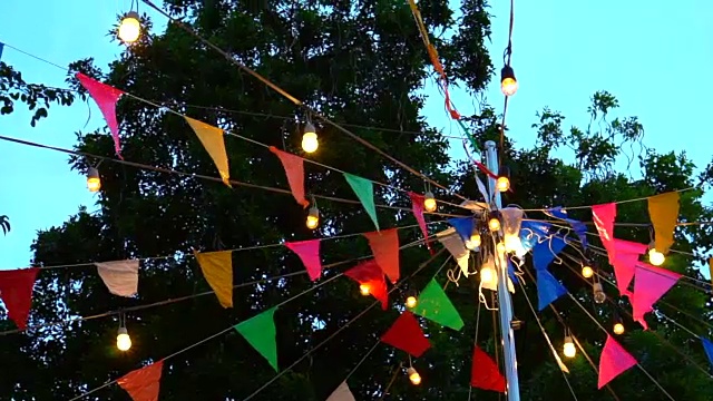 节日装饰。彩旗和灯光悬挂在夜空的杆子上视频下载