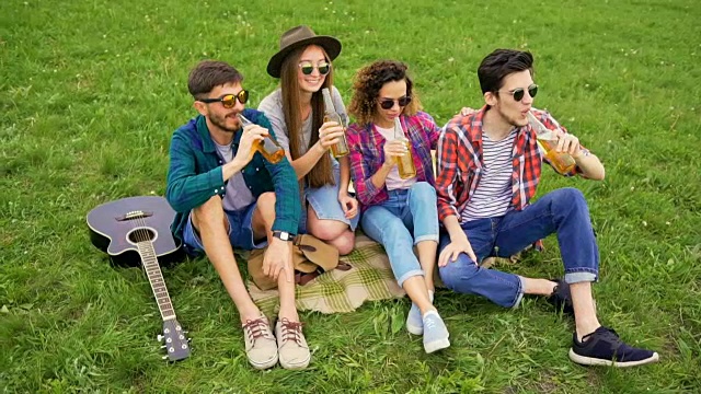 一群兴高采烈的人正坐在公园的绿草地上。他们喝啤酒，碰着瓶子。视频下载