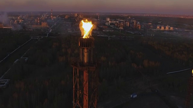 夕阳西下时，树林中炼油厂上的一座塔上挂着火炬。鸟瞰图视频素材