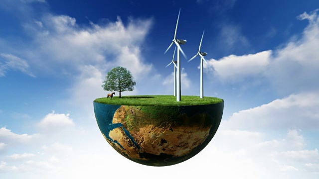 环保理念，地球上的风力涡轮机对着蓝天视频下载