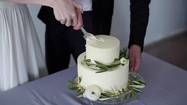 美丽的新娘和英俊的新郎正在切结婚蛋糕。视频下载