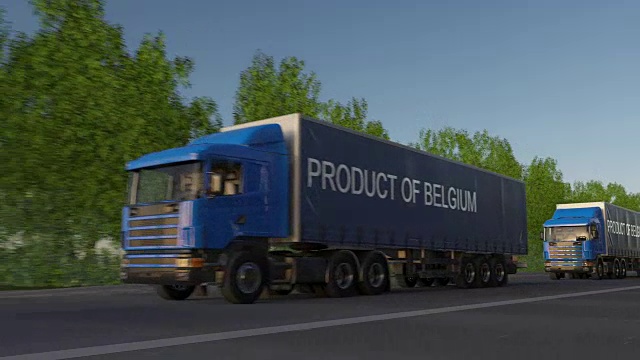 移动拖车上标有“比利时产品”说明的货运半挂车。道路货物运输。无缝循环全高清剪辑视频下载