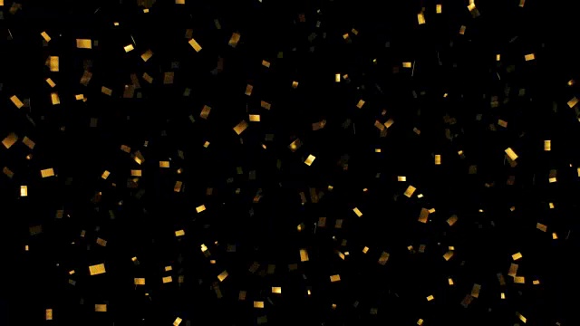 飘落的金色闪光箔纸屑，黑色背景上的动画3d运动，节日和节日的乐趣视频素材