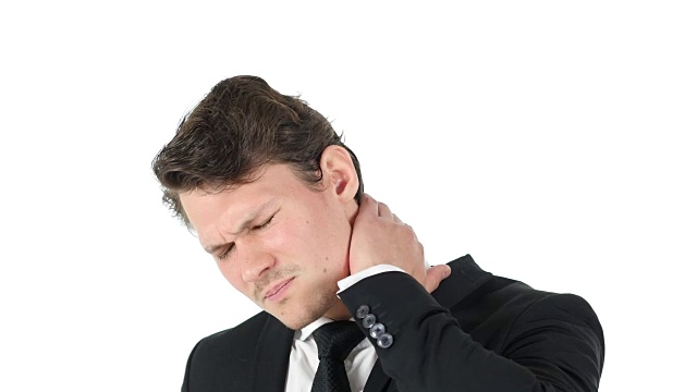脖子痛，疲惫的商人在白色的背景视频素材