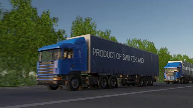 移动拖车上标有瑞士产品说明的货运半挂车。道路货物运输。无缝循环全高清剪辑视频下载