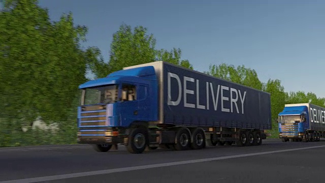 在拖车上标有“交货”说明的货运半挂车超速行驶。道路货物运输。无缝循环全高清剪辑视频下载