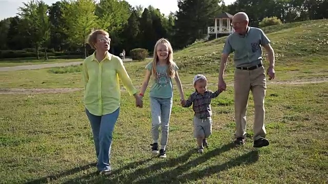 爷爷奶奶和孙子孙女在公园里散步视频素材