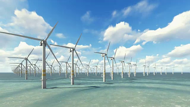 风力发电机在晴朗的海面上视频下载