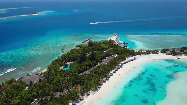 鸟瞰图的热带岛屿度假酒店与白色的沙棕榈树和绿松石印度洋上的马尔代夫视频素材