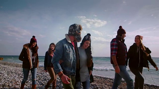 一群年轻的朋友和情侣在海滩上散步视频素材