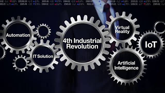 关键词商人触摸齿轮，自动化，IT解决方案，虚拟现实，人工智能，物联网，“第四次工业革命”视频素材