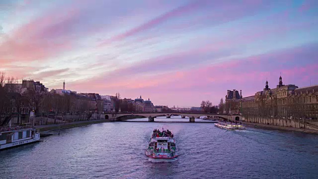 法国巴黎塞纳河日落天空桥艺术全景4k时间流逝视频素材