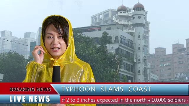 亚洲女电视天气记者报道台风视频素材