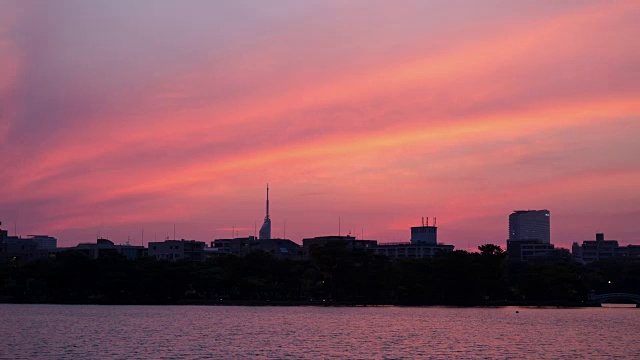 时间流逝，美丽的日落倒映在湖面上的摩天大楼视频素材