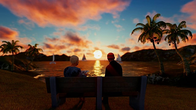 坐在海边看美丽日落的老夫妇视频下载