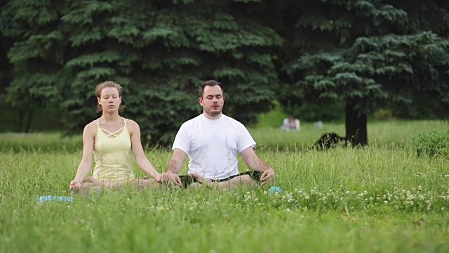 一个男人和一个女人在幸福中冥想。年轻的瑜伽教练在城市公园的草地上练习。成功的年轻人经常练习瑜伽。视频下载
