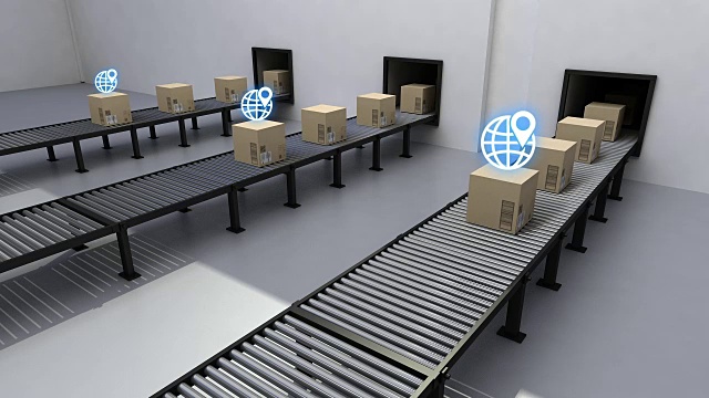 自动GPS系统在输送带上运送货物，数字跟踪货物，物联网技术。视频素材
