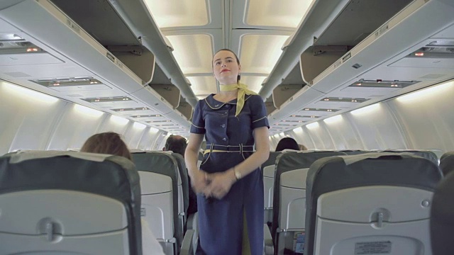 黑发的空姐解释安全规则视频素材