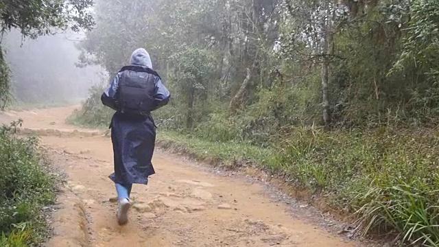 徒步女子与背包跑在热带潮湿的森林。年轻的女孩在旅行中穿着雨衣在木头小径上慢跑。跟随女游客踩在丛林小径。慢镜头后视图视频素材