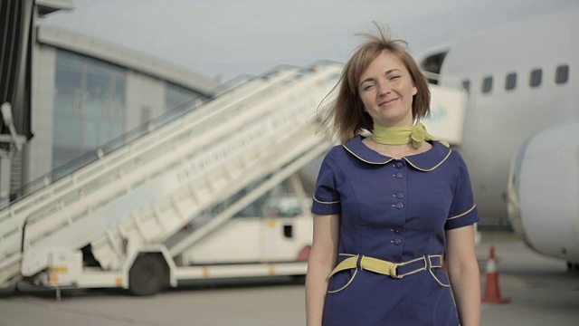 金发碧眼的空姐站在飞机舷梯的背景上视频素材