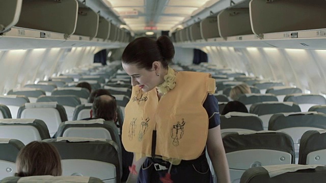 穿着救生衣的空姐在飞机上检查乘客的安全视频素材
