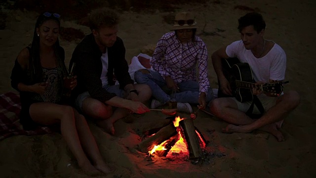 晚上，一群年轻人兴高采烈地坐在海滩上的篝火旁，烤着香肠，弹着吉他。Slowmotion拍摄视频素材