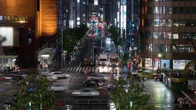 城市景观的时间流逝，特写，汽车灯光小径和人们在雨中行走的夜晚视频素材